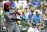  ?? AARON GASH — THE ASSOCIATED PRESS ?? Philadelph­ia Phillies’ Maikel Franco hits a two-run home run during the fourth inning of a baseball game against the Milwaukee Brewers Sunday in Milwaukee.