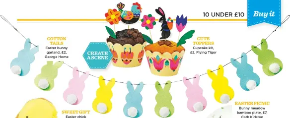  ??  ?? easter bunny garland, £2, George Home Cute toppers Cupcake kit, £2, Flying tiger Create a scene