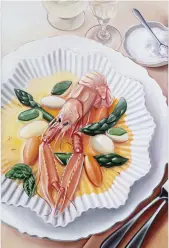  ??  ?? 1. Light Stew of Dublin Bay Prawns and Asparagus in a Saffron Soup, 2020, Lydia Blakeley (b. 1980), oil on linen, 150 × 100cm