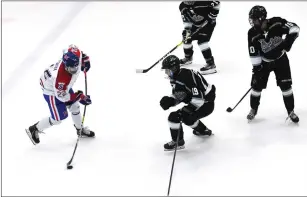  ?? Photo by Ernest A. Brown ?? Providence College commit Michael Citara, left, uses a stick with a flex rating of 55 because it gives him good whip on his shot. The Mount forward scored again in Sunday’s 6-1 win over the Rockets.