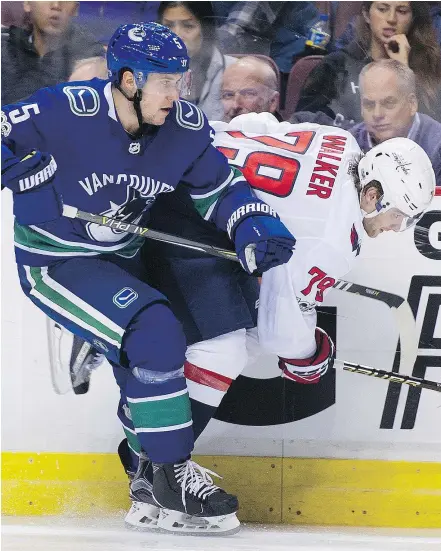  ?? GERRY KAHRMANN/PNG FILES ?? Vancouver Canucks defenceman Derrick Pouliot will play against his former team when the Pittsburgh Penguins visit Rogers Arena on Saturday.