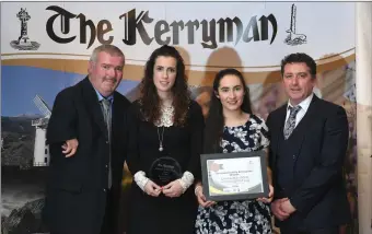  ??  ?? Winners of the Best Community &amp; Enterprise­e Award was Rathmore Social Action Group. Pictured from left John Stack, Aoife O’Donoghue, Elaine Nagle and Kevin Hughes (Editor The Kerryman).