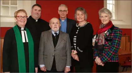  ??  ?? Rev Katherine Kehoe, Fr Dermot Gahan, Cecil Riddall, on the occassion of his final broadcast for the Christian Media Trust; Rev David Nixon, Valerie Power, CMT and Maria Colfer CMT.