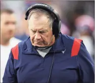  ?? Maddie Meyer / Getty Images ?? Patriots coach Bill Belichick looks on during Sunday’s game against the Dolphins in Foxborough, Mass.