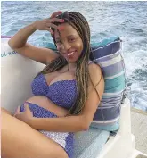  ??  ?? Celebratin­g her bump! Thabisa Hanise (36) is rocking that bikini at the six-month mark. But life isn’t all just having fun on boats... This driven woman is a director in a petroleum and mining company who believes that women don’t have to choose between career and motherhood. If you set your mind to it, you can do both. Inspiring!