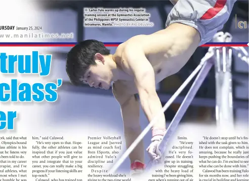  ?? PHOTO BY RIO DELUVIO ?? Carlos Yulo warms up during his regular training session at the Gymnastics Associatio­n of the Philippine­s-MPSF Gymnastics Center in Intramuros, Manila.