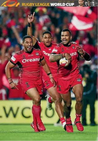  ?? OCT 27 - DEC 02 GETTY IMAGES ?? Tonga’s Manu Ma’u sends the crowd wild with a try against Samoa in Hamilton last night.
