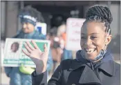  ?? TONY DEJAK — THE ASSOCIATED PRESS ?? Democratic candidate Shontel Brown waves to voters at the Bedford Community Center in Bedford Heights, Ohio, on Tuesday. Brown won the election for Ohio’s 11th Congressio­nal District.