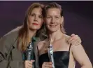  ?? Andersen/AFP/Getty Images ?? The director of Anatomy of a Fall, Justine Triet, with the film’s star, Sandra Hüller, at the European film awards. Photograph: Odd