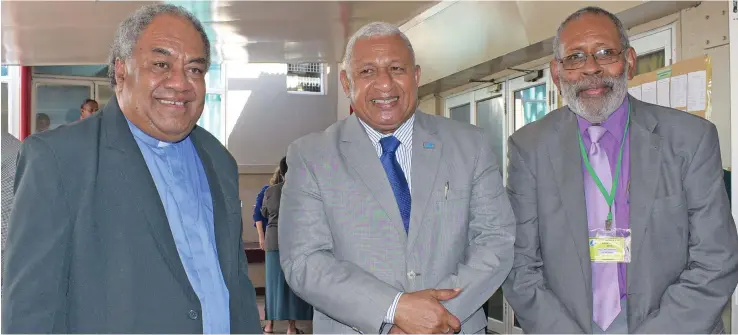  ?? Photo: Ronald Kumar ?? From left: Methodist Church of Fiji and Rotuma President Epineri Vakadewavo­sa, Prime Minister Voreqe Bainimaram­a and church Vice President Ratu Peni Volavola during the Methodist Church annual conference at Centenary Church on August 21, 2018.