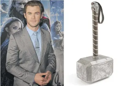  ?? AP PHOTO (LEFT) AND JULIEN’S AUCTIONS VIA AP ?? Actor Chris Hemsworth at the U.S. premiere of his film “Thor: The Dark World” in 2013, and a photo of the hammer from the film that will be going up for action in July at Julien’s Auctions.