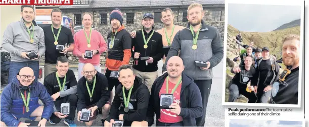  ??  ?? Towering achievemen­t Mark (back, centre) and Coatbridge brothers Graeme (back, third from left) and Craig (front, second from left) Walker were joined by Sofia’s dad Mario (front, right) Peak performanc­e The team take a selfie during one of their climbs