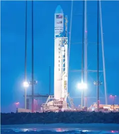  ??  ?? The Orbital ATK Antares rocket, with the Cygnus spacecraft onboard, is seen at launch Pad-0A, on May 20, at Wallops Flight Facility in Virginia. — AFP photo