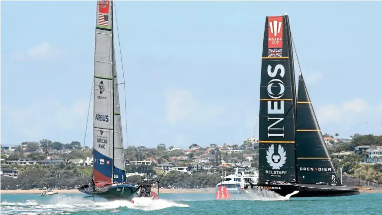  ?? GETTY IMAGES ?? Flying start: Under siege British team INEOS Team UK, right, upset American Magic, left, and Luna Rossa Prada Pirelli Team yesterday to take an early lead in the Prada Cup.