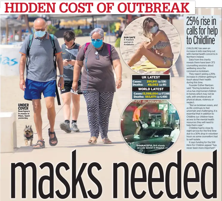  ??  ?? UNDER COVER Beachgoers in masks in Mijas, Spain yesterday
SUN SAFE A masked woman in Andalusia
DISGRACEFU­L Brit stands on a car bonnet in Magaluf