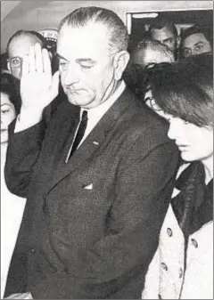  ??  ?? Rushed from Dallas in fear of other assassins, Lyndon Johnson, flanked by Jacqueline Kennedy (r.) and wife Lady Bird, takes oath of office on Air Force One after slaying of President John Kennedy (left, below) by Lee Harvey Oswald (left, bottom) on Nov. 22, 1963. Days later, nation and Kennedy family (below) mourned at funeral rites for JFK (top left).