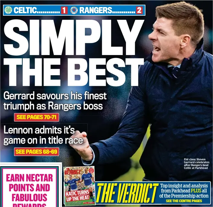  ??  ?? Fist class: Steven Gerrard celebrates after Rangers beat Celtic at Parkhead