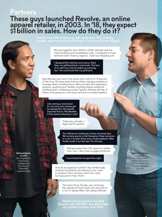  ??  ?? Michael Mente, co-CEO He majored in finance in college, but focuses on Revolve’s creative side. Mike Karanikola­s, co-CEO He is Revolve’s analytical brain— and its three-time fantasy football champ.