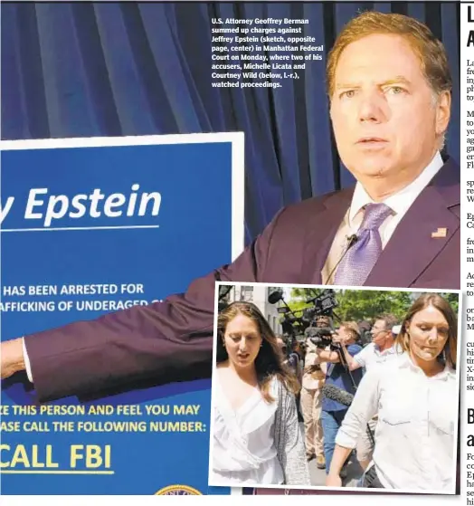  ??  ?? U.S. Attorney Geoffrey Berman summed up charges against Jeffrey Epstein (sketch, opposite page, center) in Manhattan Federal Court on Monday, where two of his accusers, Michelle Licata and Courtney Wild (below, l.-r.), watched proceeding­s.