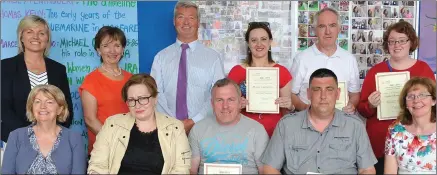  ??  ?? Teachers and staff with students Inara Brencena, David Andrews, Sean Geraghty, Maria Goncalves, Michael Callaghan and Leslie Thornton pictured after they received their VTOS Leaving Certificat­e completion and general learning certificat­es at the LMETB...