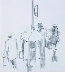  ??  ?? Using a 2B pencil, this group of people was drawn at speed. The predominan­tly vertical shading, and the lines beneath each figure, suggest reflection­s on a wet day. The fluted lamppost was drawn using the edge of a pencil