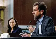  ?? [AP PHOTOS] ?? Twitter CEO Jack Dorsey, accompanie­d by Facebook COO Sheryl Sandberg, testifies Wednesday before the Senate Intelligen­ce committee hearing on “Foreign Influence Operations and Their Use of Social Media Platforms” on Capitol Hill in Washington.