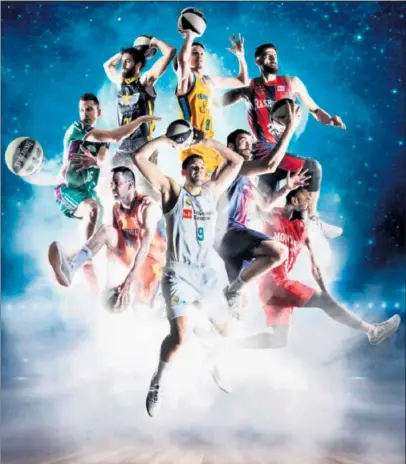  ??  ?? EL CARTEL DE LA COPA. Nedovic (Unicaja), Beirán (Iberostar), Eriksson (Granca), Shengelia (Baskonia), Eyenga (Fuenla), Oriola (Barça), Reyes (Madrid) y Rafa Martínez (Valencia).