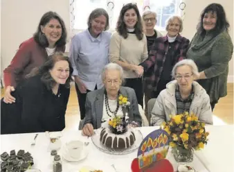  ?? ?? ose attending the tea and lunch for Mrs. Buntin were, le  to right, back row: Margaret Baumgardne­r, Kay Wilson, Trinity’s new Rector, the Rev. Elizabeth Keeler, Dee Akre, Ruth Baumgardne­r (a mere youngster at 97!), Carolyn Emerick. Front row: Cartie Mo ett Welling, birthday girl Mrs. Betty Buntin, daughter Nancy Buntin. Also attending were: Noel Laing and Ewen Wilson.