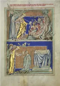  ??  ?? 5. Page from the Lambeth Apocalypse, depicting scenes from the life of Theophilus of Adana late 13th century, London(?), gold leaf and pigment on vellum, 27 × 20cm. Lambeth Palace Library, London