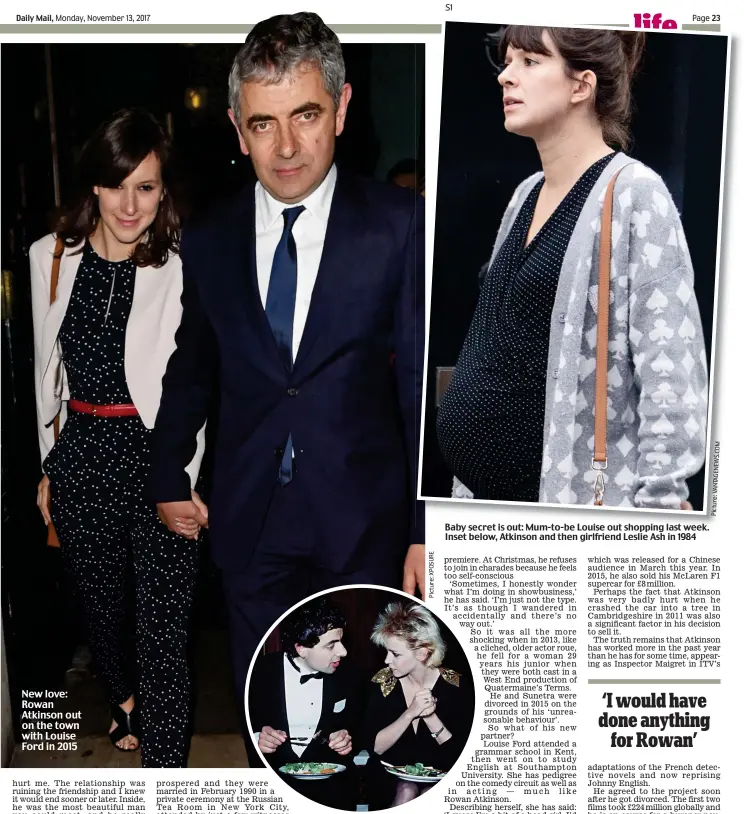  ??  ?? Baby secret is out: Mum-to-be Louise out shopping last week. Inset below, Atkinson and then girlfriend Leslie Ash in 1984 New love: Rowan Atkinson out on the town with Louise Ford in 2015