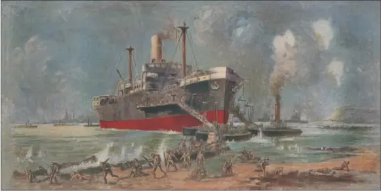  ??  ?? The Munster Fusiliers landing in Gallipoli from the River Clyde on April 25, 1915, as depicted in a contempora­ry artwork.