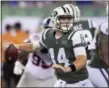  ?? BILL KOSTROUN — ASSOCIATED PRESS ?? Jets quarterbac­k Sam Darnold steps back to throw during a preseason game against the Giants in East Rutherford, N.J., last month.