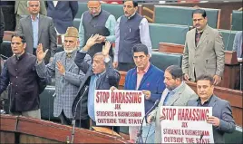  ?? PTI ?? Opposition MLAs protest over the alleged harassment of J&K students and businessme­n, in the legislativ­e assembly in Jammu on Thursday.