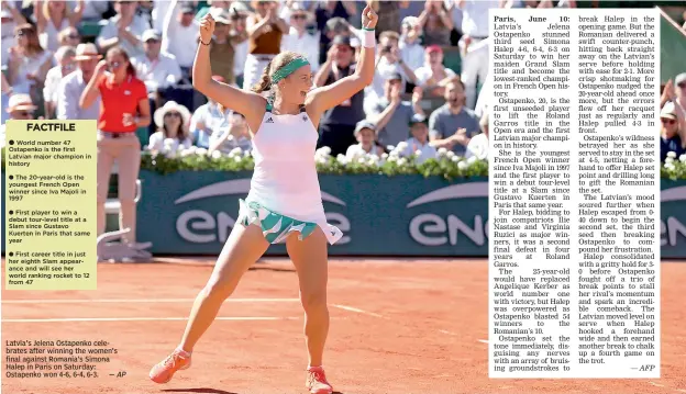  ?? — AP ?? Latvia's Jelena Ostapenko celebrates after winning the women's final against Romania's Simona Halep in Paris on Saturday: Ostapenko won 4-6, 6-4, 6-3.