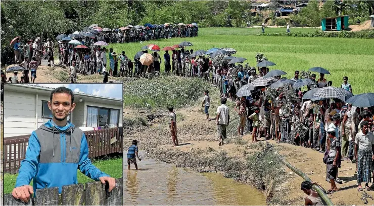  ?? REUTERS / CHRIS HARROWELL ?? Main image: Rohingya people queuing for aid in Bangladesh. Inset: Rohingya man Shamsul Alam Saan Yu says his community is being persecuted in Myanmar.