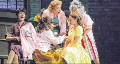  ?? SUBMITTED PHOTO ?? The Pink Ladies counsel Sandy (Janel Parrish), second right, in a scene from “Grease the Musical”. From left are Rizzo (Katie Findlay), Jan (Hailey Lewis), Marty (Jessica Gallant) and Frenchy (Annie Chen).