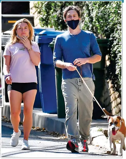  ??  ?? TAKING IT IN THEIR STRIDE: Florence in LA with partner Zach Braff and dog Billie. Inset: In her Little Women role