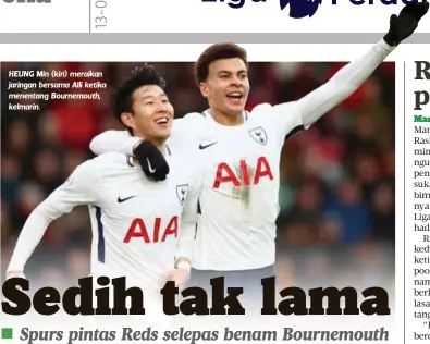  ??  ?? HEUNG Min (kiri) meraikan jaringan bersama Alli ketika menentang Bournemout­h, kelmarin.