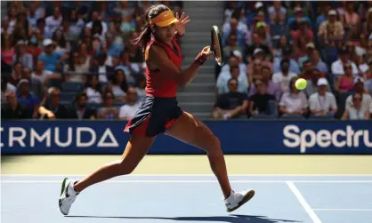  ??  ?? Emma Raducanu was forced to stretch and lunge at times against Belinda Bencic but won in straight sets. Photograph: Elsa/Getty Images