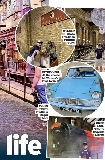  ?? ?? FUN IN STORE: Freddie in Diagon Alley GOING LOCO: With the Hogwarts Express FLYING VISIT: At the wheel of Mr Weasley’s Ford Anglia WONDER WALL: Freddie on Platform 9 3/4