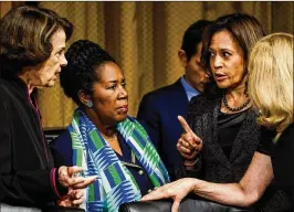  ?? MELINA MARA / ABACA PRESS / TNS ?? From left, Sen. Dianne Feinstein (D-Calif.), ranking member, Rep. Sheila Jackson Lee (D-Texas) and Sen. Kamala D. Harris (D-Calif.) confer before Thursday’s Senate Judiciary Committee hearing in Washington.