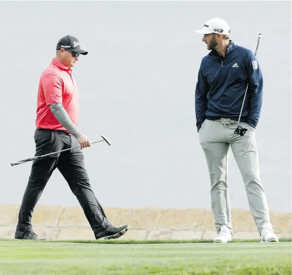  ?? — GETTY FILES ?? Ted Potter Jr., left, got the better of world No. 1 Dustin Johnson in their final-round showdown to win the AT&T Pebble Beach Pro-Am at Pebble Beach Golf Links on Sunday. It was Potter’s second tour win and first since missing two years after breaking...