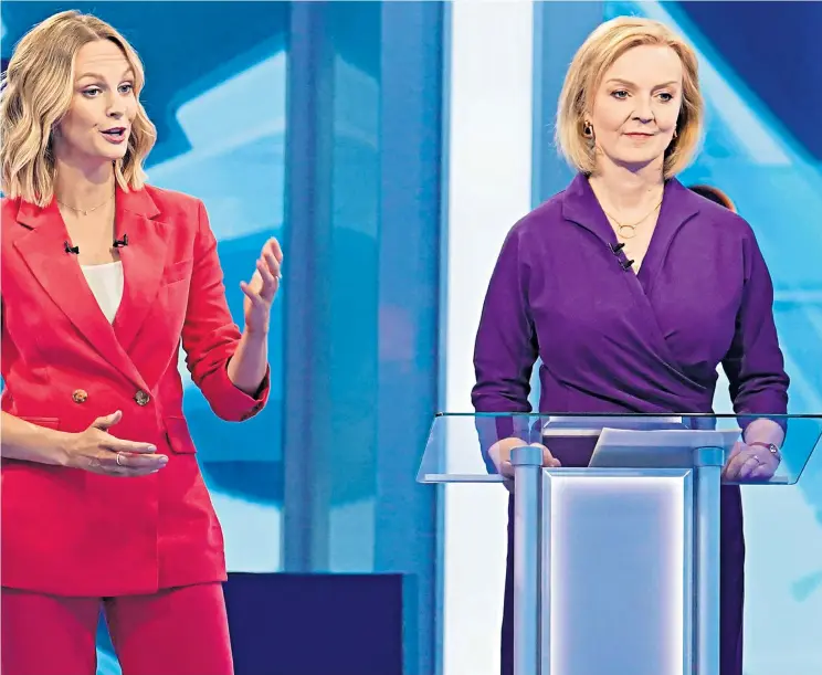  ?? ?? Both leadership candidates were asked by Talktv political editor Kate Mccann, centre, who fainted during the debate, about the last time they called 111
