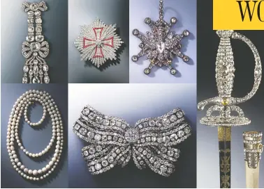  ?? PHOTOS: JUERGEN KARPINSKI/AFP VIA GETTY IMAGES ?? Some of the pieces stolen from a museum in Dresden, Germany, on Monday include the breast star of the Polish Order of the White Eagle, top second from left, and a diamond-studded sword hilt with a matching scabbard, right.