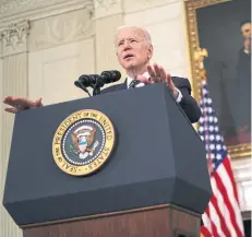  ?? ALEX WONG GETTY IMAGES ?? President Joe Biden delivers remarks on the state of vaccinatio­ns in the United States.
