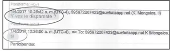  ??  ?? Secuencia de mensajes entre el suboficial ayudante Gustavo Adolfo Florentín y su novia en que confesaba haber disparado a Rodrigo Quintana en el marco de un “enfrentami­ento”.