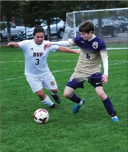  ?? Photos by Ernest A. Brown ?? St. Raphael holding midfielder Daniel Flynn, left, heading the ball, recorded three assists, while Jeff Codman (6, above) scored a goal to lead the Saints to a 7-1 Division III win over Jorge De Leon (3, above) and Blackstone Valley Prep Wednesday afternoon.