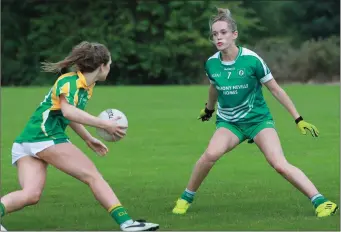  ??  ?? Anne Byrne of C lonee taking on Crossabeg-Ballymurn defender Leanne Cullen.