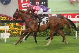  ?? Picture: HKJC ?? NAME SAYS IT ALL. Simply Brilliant holds off the challenge of What Else But You to win the Chevalier Cup at Sha Tin.