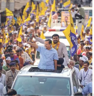  ?? ?? AAP LEADER Arvind Kejriwal during a roadshow for the Gujarat Assembly election, in Chotila town on November 6, 2022.